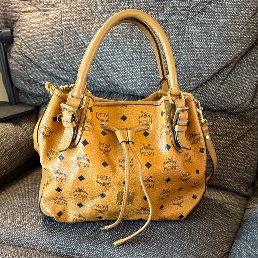 MCM  Visetos Cognac Bucket Crossbody Bag-Dual Handle+Strap - Picture 2 of 16